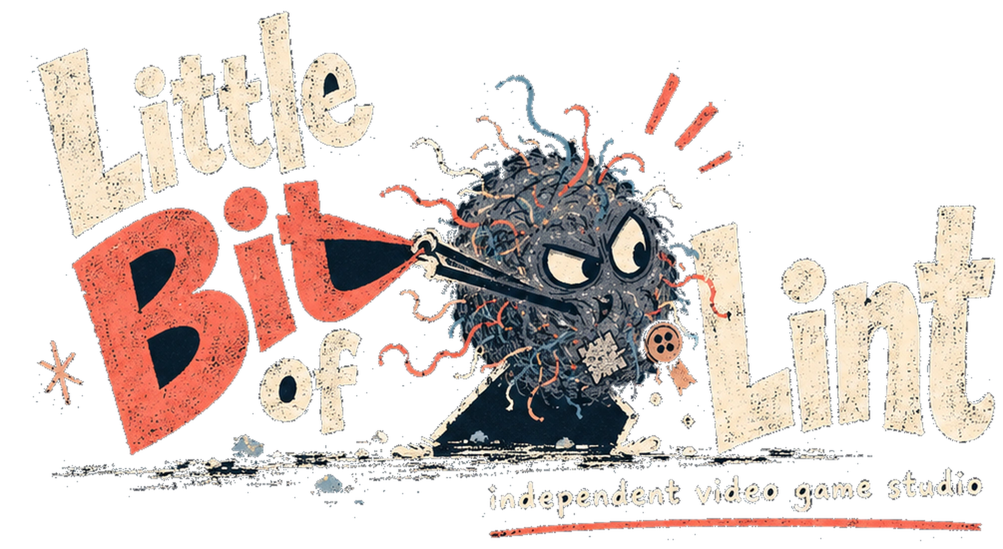 Little Bit of Lint, independent video game studio. A small grey fluff-ball mascot hauls on an elastic stretched from the letter B.